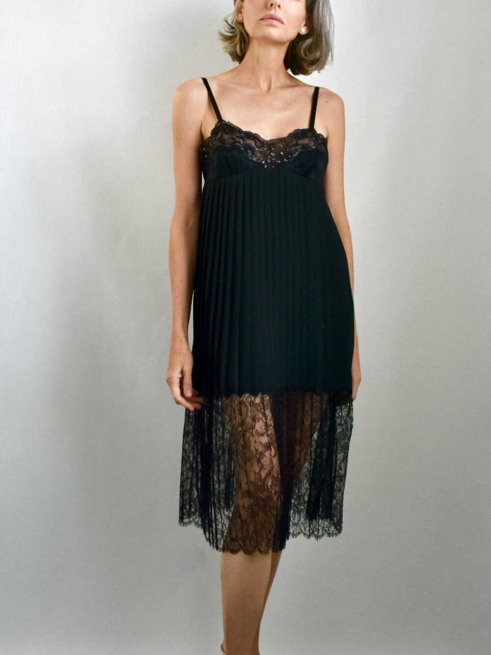 Celine Paris Black Lace Sequin Cocktail Midi Dress FR 38